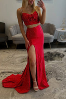 Load image into Gallery viewer, 2 Piece Red Spaghetti Straps Long Prom Dress with Slit