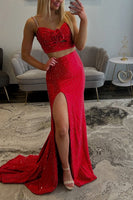Load image into Gallery viewer, 2 Piece Red Spaghetti Straps Long Prom Dress with Slit