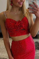 Load image into Gallery viewer, 2 Piece Red Spaghetti Straps Long Prom Dress with Slit