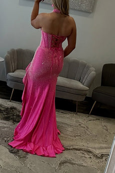 Sparkly Hot Pink Fitted High Neck Long Corset Prom Dress