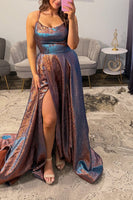 Load image into Gallery viewer, Blue Spaghetti Straps Lace Up Back Long Prom Dress with Slit