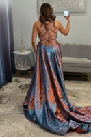 Load image into Gallery viewer, Blue Spaghetti Straps Lace Up Back Long Prom Dress with Slit