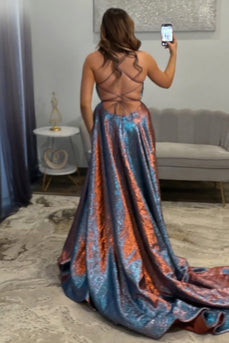 Blue Spaghetti Straps Lace Up Back Long Prom Dress with Slit