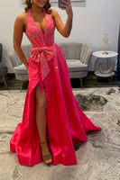 Load image into Gallery viewer, Sparkly Red Halter Ball Gown Long Prom Dress with Bow