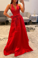 Load image into Gallery viewer, Sparkly Red Halter Ball Gown Long Prom Dress with Bow