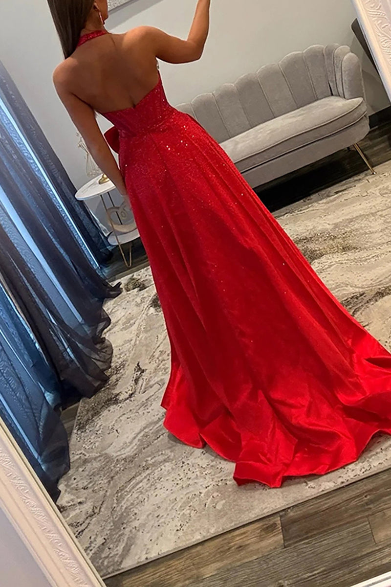 Load image into Gallery viewer, Sparkly Red Halter Ball Gown Long Prom Dress with Bow