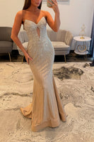 Load image into Gallery viewer, Sparkly Gold Strapless Mermaid Long Prom Dress