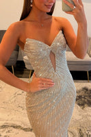 Load image into Gallery viewer, Sparkly Gold Strapless Mermaid Long Prom Dress