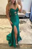 Load image into Gallery viewer, Sparkly Royal Blue Mermaid Strapless Keyhole Long Prom Dress with Slit