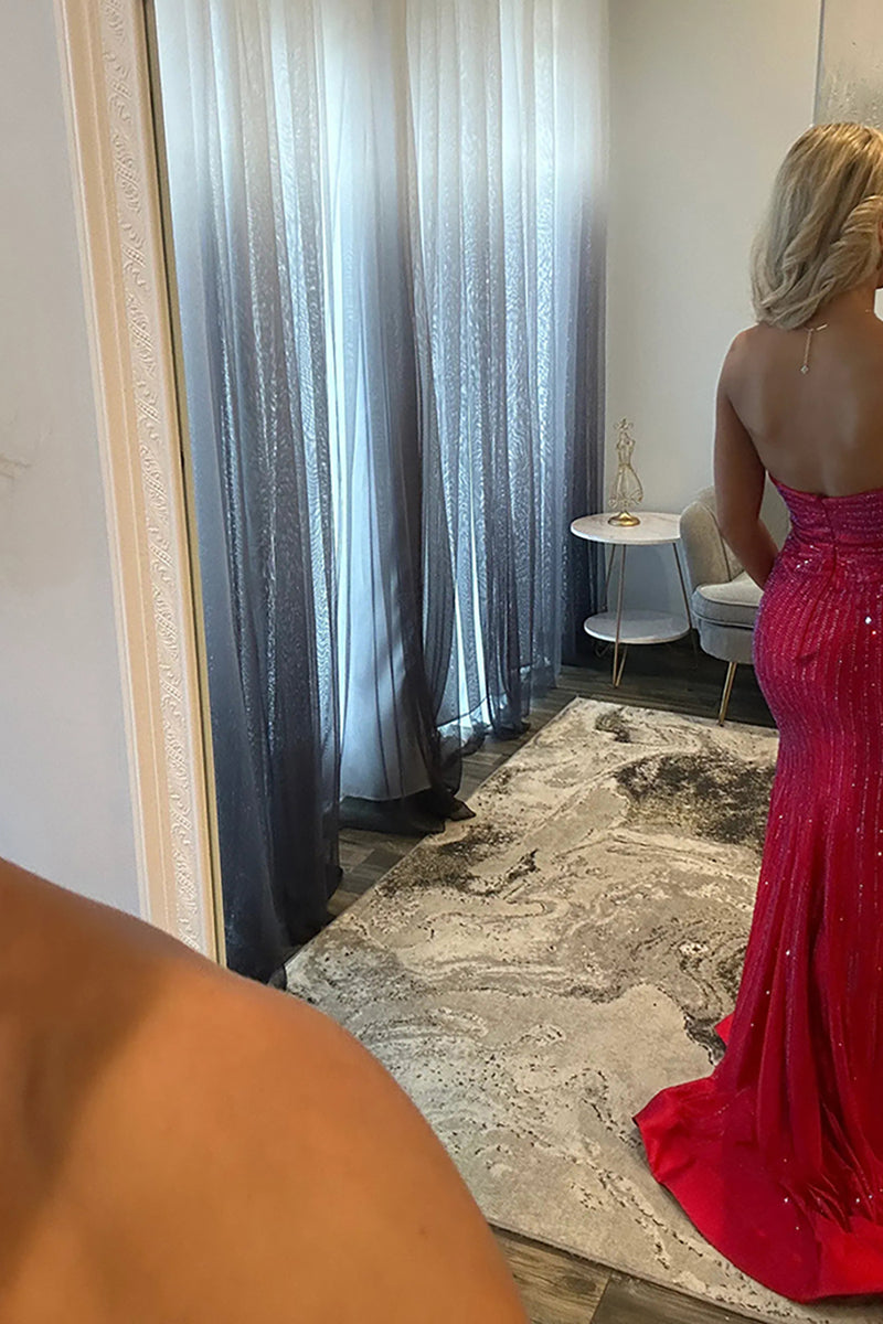 Load image into Gallery viewer, Sparkly Royal Blue Mermaid Strapless Keyhole Long Prom Dress with Slit