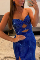 Load image into Gallery viewer, Sparkly Royal Blue Mermaid Strapless Keyhole Long Prom Dress with Slit
