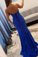 Load image into Gallery viewer, Sparkly Royal Blue Mermaid Strapless Keyhole Long Prom Dress with Slit