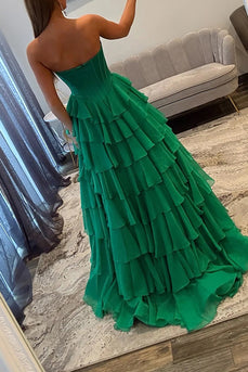 Green Ball Gown Sweetheart Long Corset Prom Dress with Ruffles
