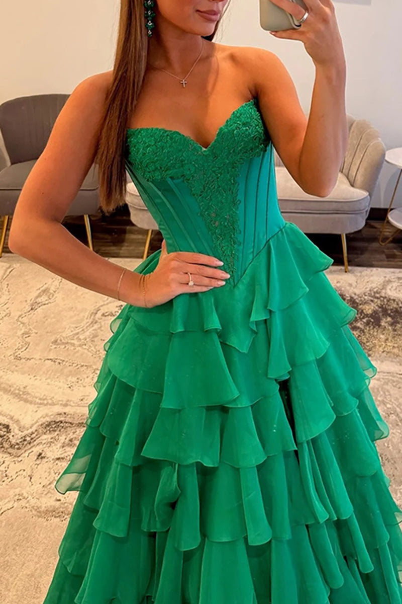 Load image into Gallery viewer, Green Ball Gown Sweetheart Long Corset Prom Dress with Ruffles
