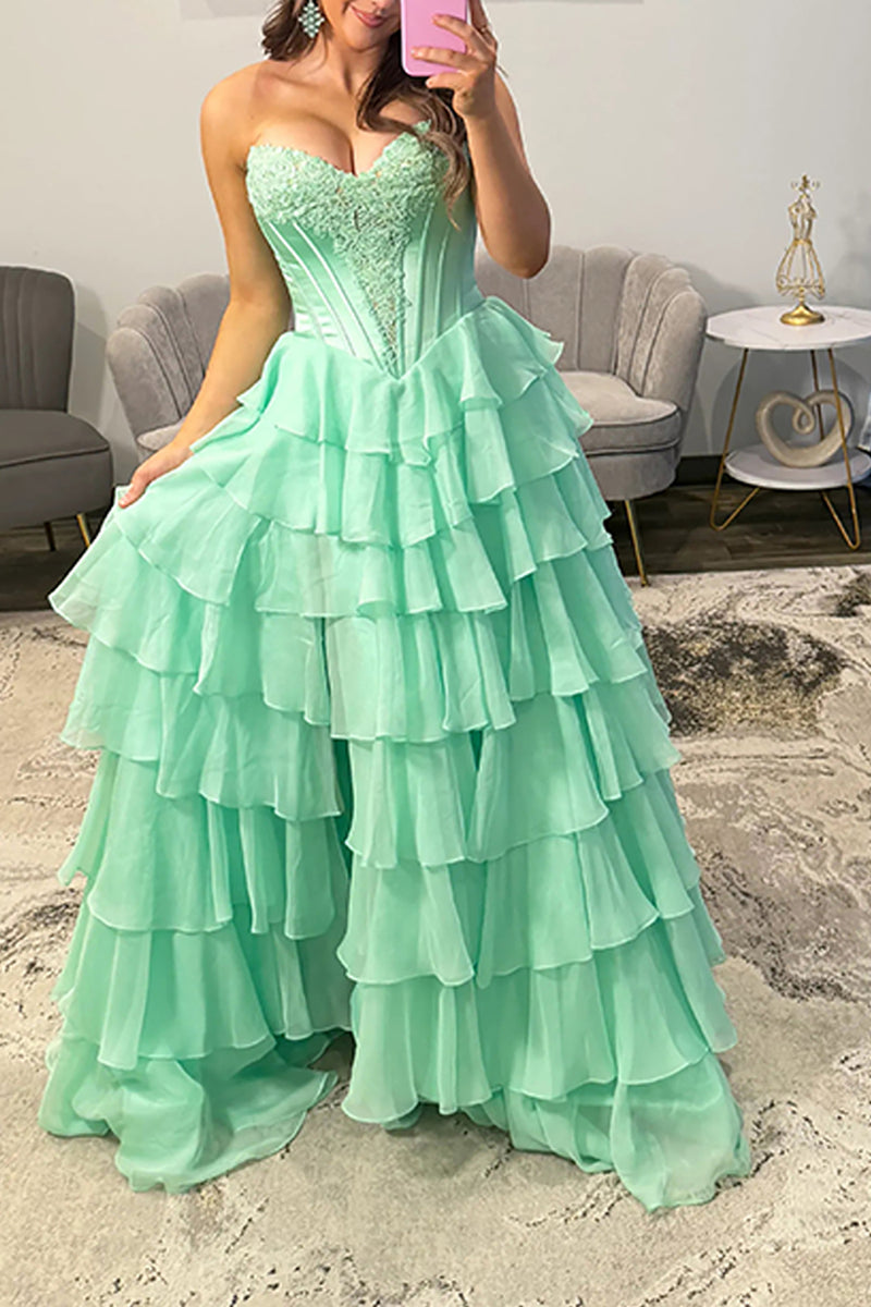 Load image into Gallery viewer, Green Ball Gown Sweetheart Long Corset Prom Dress with Ruffles