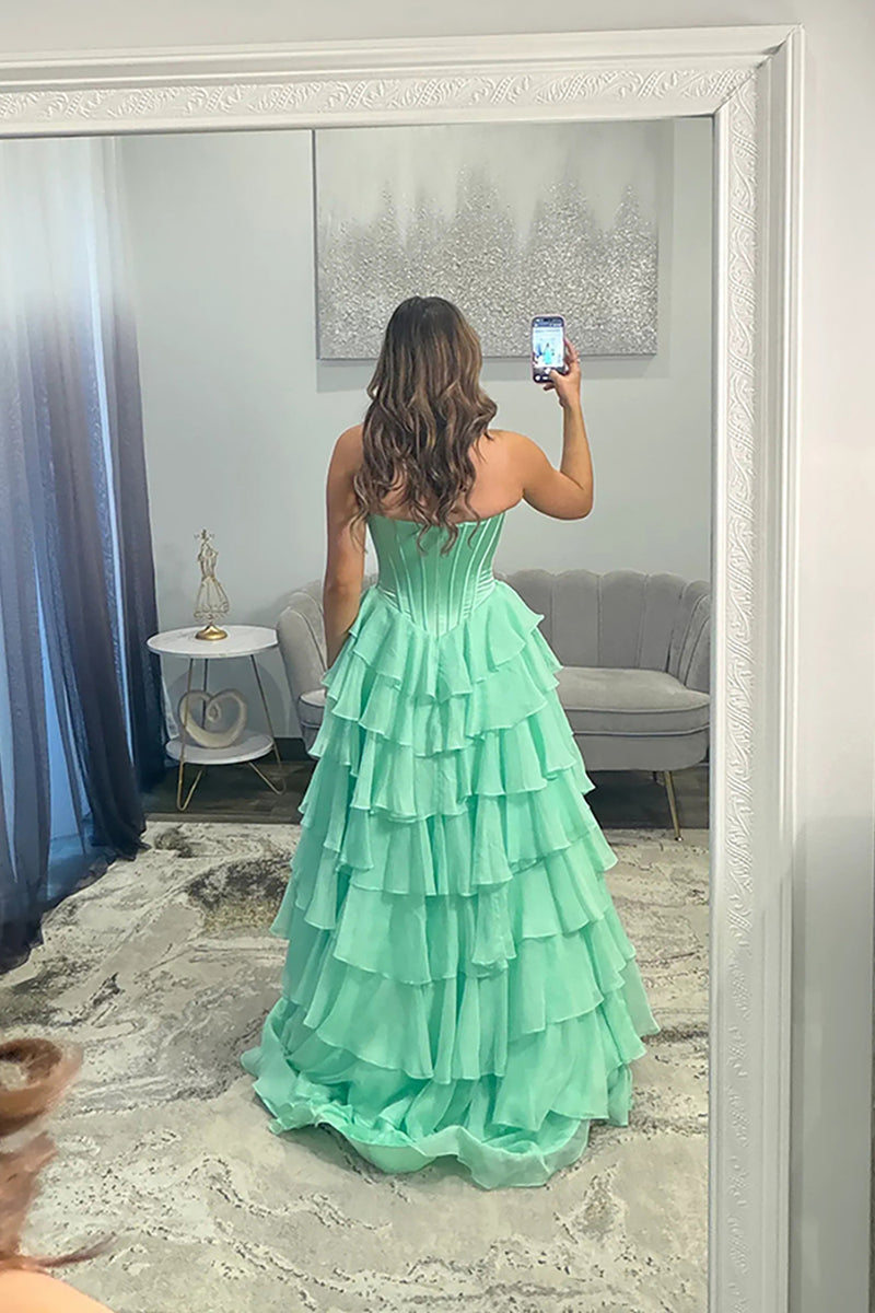 Load image into Gallery viewer, Green Ball Gown Sweetheart Long Corset Prom Dress with Ruffles