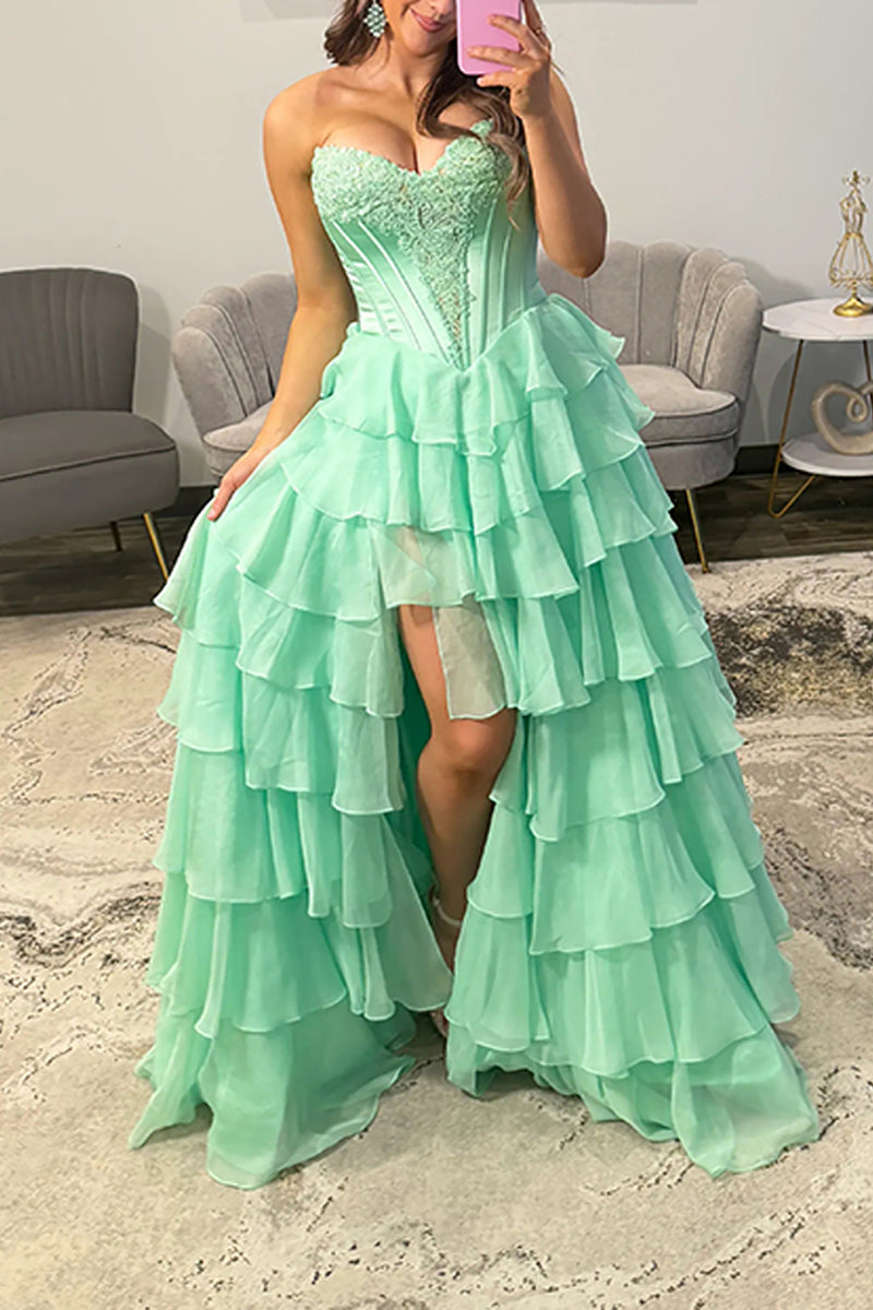 Load image into Gallery viewer, Green Ball Gown Sweetheart Long Corset Prom Dress with Ruffles