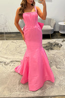Load image into Gallery viewer, Pink Mermaid Square Neck Long Corset Prom Dress with Bow Back