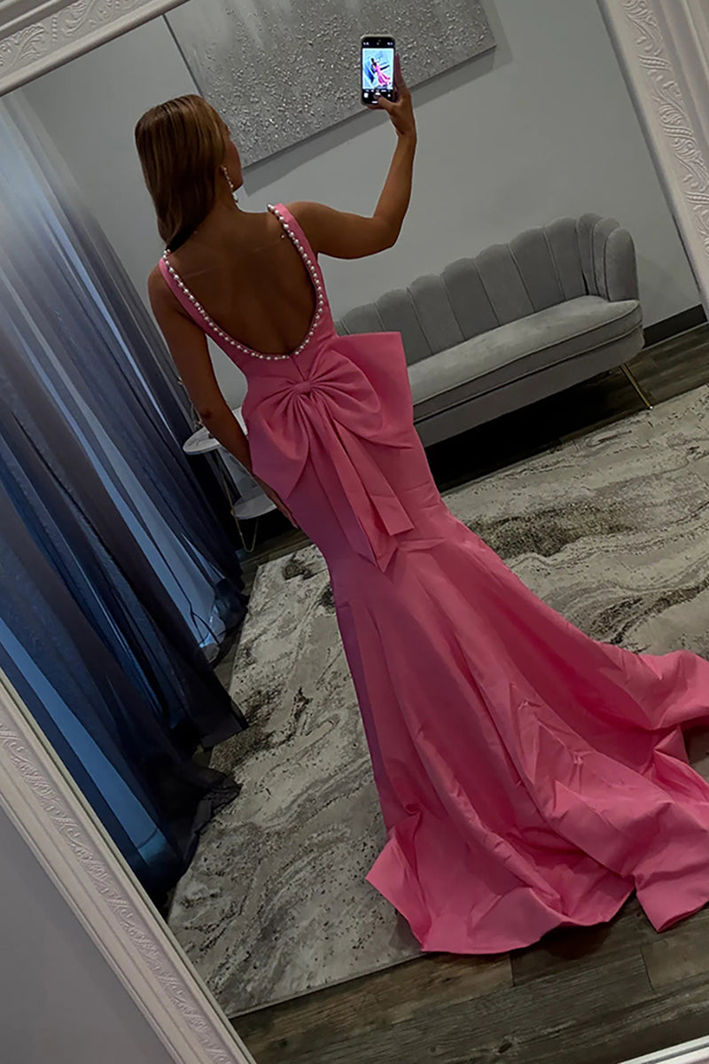 Load image into Gallery viewer, Pink Mermaid Square Neck Long Corset Prom Dress with Bow Back