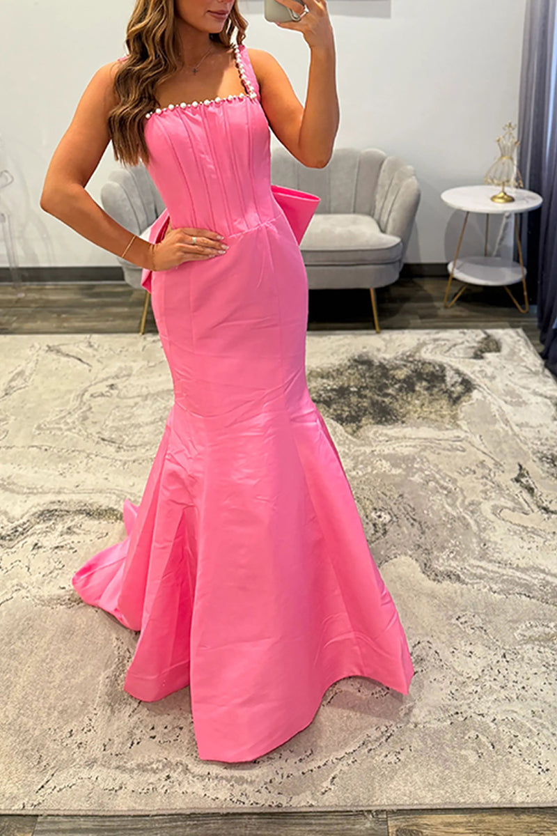 Load image into Gallery viewer, Pink Mermaid Square Neck Long Corset Prom Dress with Bow Back