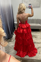 Load image into Gallery viewer, Red V-Neck Front Slit Long Prom Dress with Ruffles