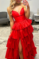 Load image into Gallery viewer, Red V-Neck Front Slit Long Prom Dress with Ruffles