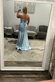 Light Blue Strapless Mermaid Long Prom Dress with Slit