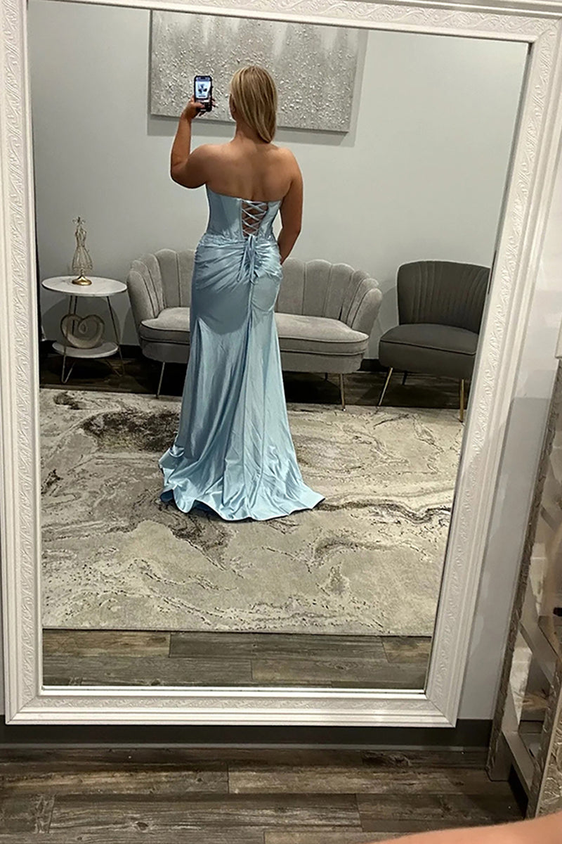 Load image into Gallery viewer, Light Blue Strapless Mermaid Long Prom Dress with Slit