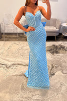 Load image into Gallery viewer, Sparkly Blue Mermaid Spaghetti Straps Long Corset Prom Dress with Bow Back