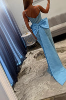 Load image into Gallery viewer, Sparkly Blue Mermaid Spaghetti Straps Long Corset Prom Dress with Bow Back