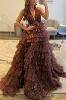 Load image into Gallery viewer, Brown Leopard Print Ball Gown V-Neck Long Evening Dress with Ruffles
