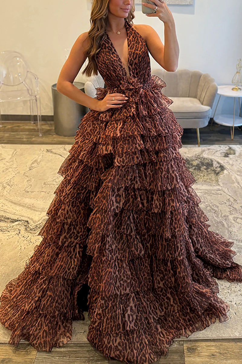 Load image into Gallery viewer, Brown Leopard Print Ball Gown V-Neck Long Evening Dress with Ruffles