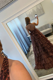 Brown Leopard Print Ball Gown V-Neck Long Evening Dress with Ruffles