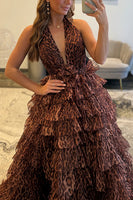 Load image into Gallery viewer, Brown Leopard Print Ball Gown V-Neck Long Evening Dress with Ruffles
