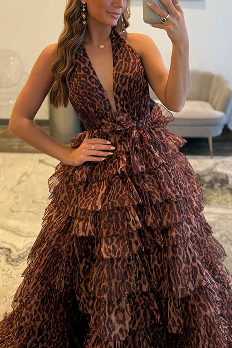 Load image into Gallery viewer, Brown Leopard Print Ball Gown V-Neck Long Evening Dress with Ruffles