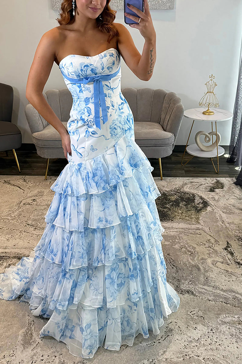 Load image into Gallery viewer, White Blue Floral Strapless Long Prom Dress with Ruffles