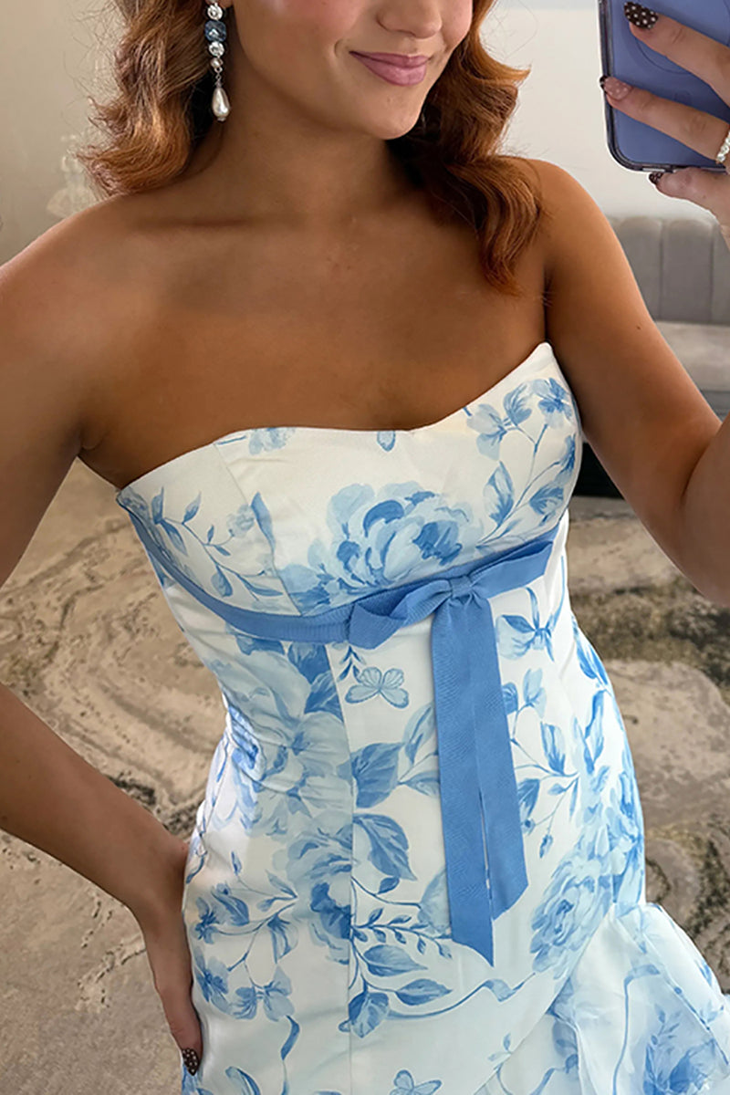 Load image into Gallery viewer, White Blue Floral Strapless Long Prom Dress with Ruffles