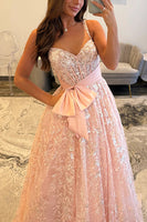 Load image into Gallery viewer, Pink A Line Spaghetti Straps Long Prom Dress with Bow