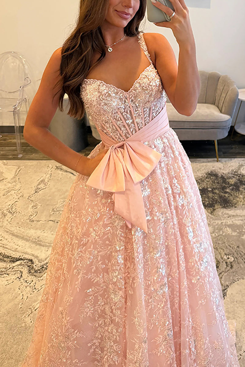 Load image into Gallery viewer, Pink A Line Spaghetti Straps Long Prom Dress with Bow