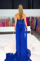 Load image into Gallery viewer, Sparkly Royal Blue Beaded Sheath Long Corset Prom Dress with Cape