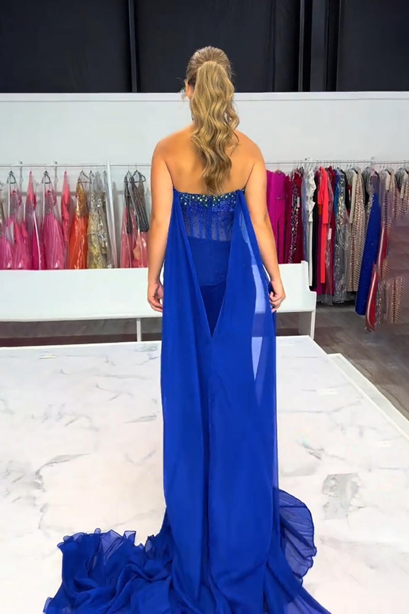 Load image into Gallery viewer, Sparkly Royal Blue Beaded Sheath Long Corset Prom Dress with Cape
