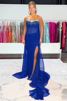 Load image into Gallery viewer, Sparkly Royal Blue Beaded Sheath Long Corset Prom Dress with Cape