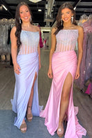 Load image into Gallery viewer, Sparkly Beaded Pink Satin Corset Long Ruched Prom Dress with Slit