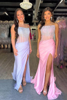 Load image into Gallery viewer, Sparkly Beaded Pink Satin Corset Long Ruched Prom Dress with Slit
