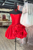 Load image into Gallery viewer, Red Satin Corset Strapless A Line Short Prom Dress with 3D Flower