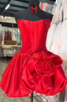 Load image into Gallery viewer, Red Satin Corset Strapless A Line Short Prom Dress with 3D Flower