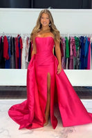 Load image into Gallery viewer, Satin Fuchsia Sheath Strapless Long Corset Prom Dress with Cape