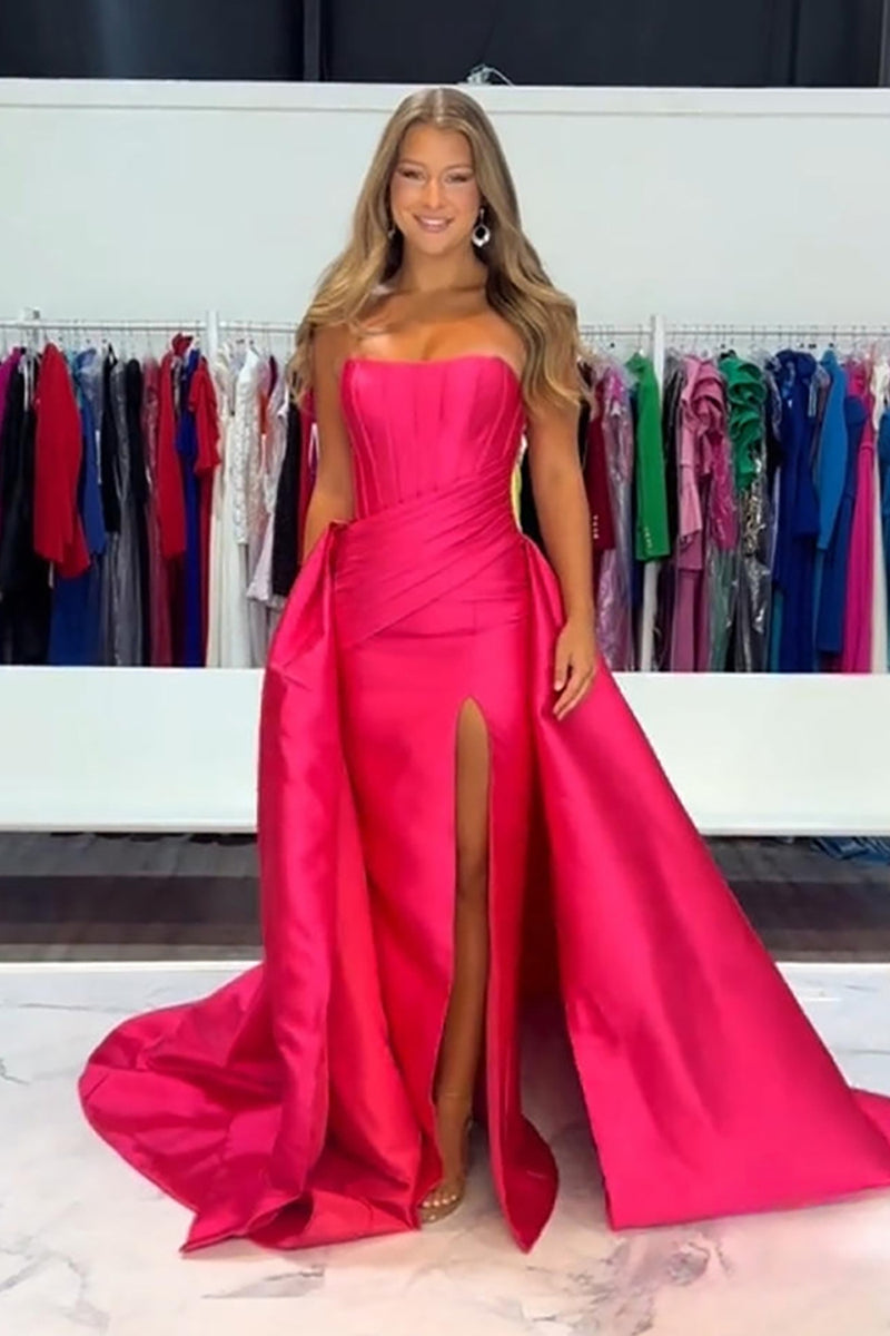 Load image into Gallery viewer, Satin Fuchsia Sheath Strapless Long Corset Prom Dress with Cape