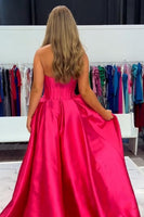 Load image into Gallery viewer, Satin Fuchsia Sheath Strapless Long Corset Prom Dress with Cape