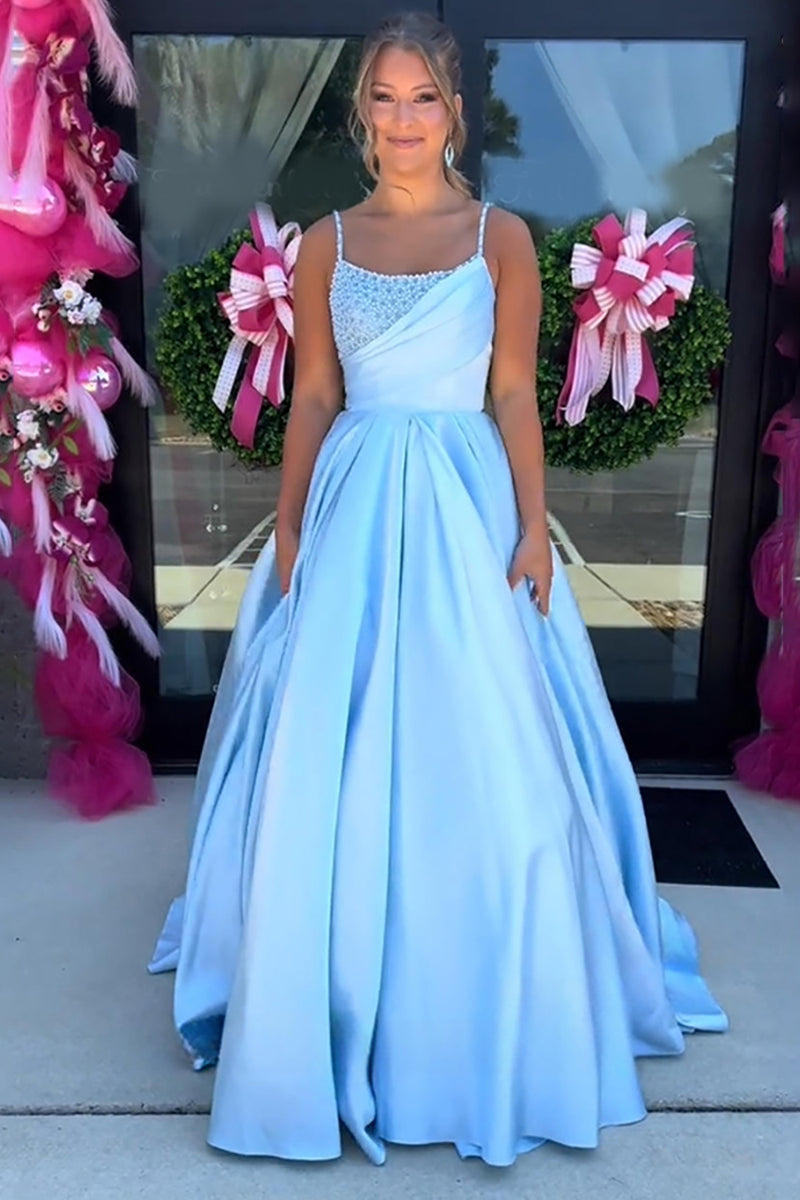 Load image into Gallery viewer, Sparkly Blue Satin Ball Gown Ruched Maxi Prom Dress with Rhinestones